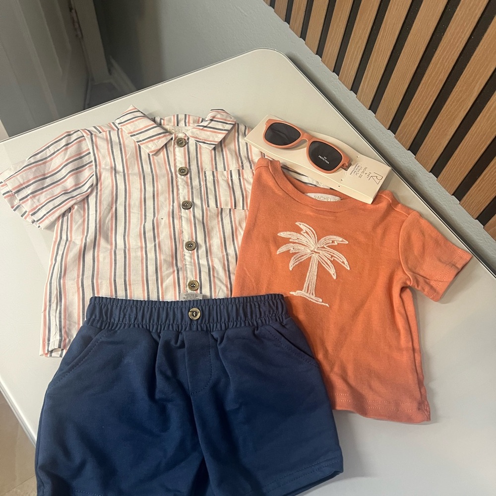 Striped Button-Up Shirt and Orange Palm Tree Tee Set
#85